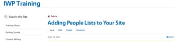 Screenshot of an “IWP Training” webpage showing a sidebar with navigation links and an article titled “Adding People Lists to Your Site,” dated April 14, 2025, with options to view, edit, delete, or see revisions.