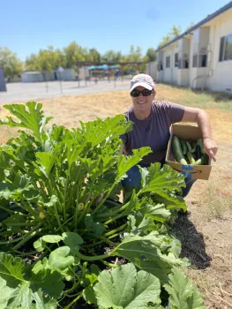 Deborah Weeks in the school garden at First Street Elementary
