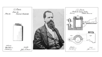 19th century photo of J.L. Mason and US patent figures of a jar with a threaded neck, and "moulds for blowing bottles" from 1858 and 1859 respectively