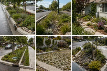 Collage of low impact development features in urban neighborhoods, including rain gardens, vegetated bioswales, and permeable pavement designed to capture, filter, and infiltrate stormwater runoff.
