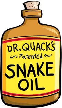 Cartoon bottle labeled: Dr. Quack's Snake Oil