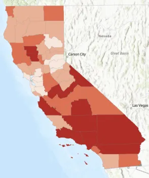 Red color ramp on California counties