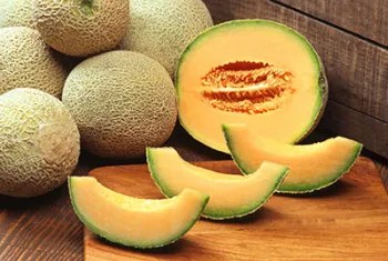 Whole cantaloupes and sliced wedges showing orange flesh and seeds, arranged on a wooden cutting board.