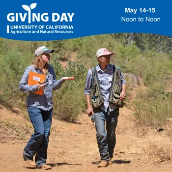Giving Day, May 14-15, noon to noon over photo of woman and man walking on dirt among shrubs