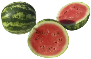 Whole watermelon with dark green stripes beside two halves revealing deep red flesh with black seeds.