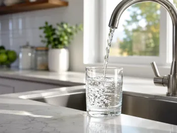 Clear drinking water being poured from a glass pitcher into a drinking glass, representing safe and reliable drinking water
