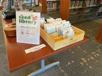 Stacks of seeds at the Seed Library at the Belvedere Tiburon Library