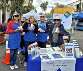 Group of master gardeners standing behind their event table at the farmers market