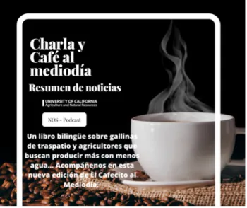 "Charla y Cafe al Mediodía" with a cup of steaming coffee