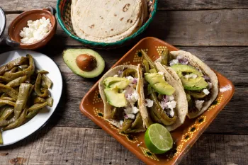 Pic of Tacos de Nopal dish and showing pics of all the ingredients: tortilla, cheese, nopales, and svocado