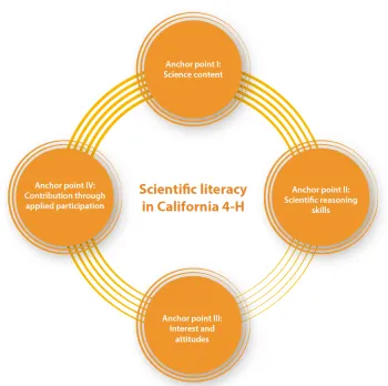 Circular diagram titled “Scientific literacy in California 4-H,” surrounded by four interconnected orange circles representing anchor points: I, Science content; II, Scientific reasoning skills; III, Interest and attitudes; and IV, Contribution through applied participation.