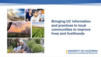 Cover of overview slides presentation showing clients and activities with the heading "Bringing UC information and practices to local communities to improve lives and livelihoods"