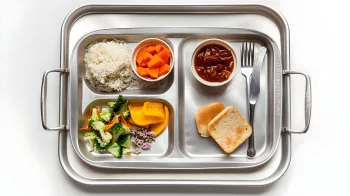 metal tray with food items