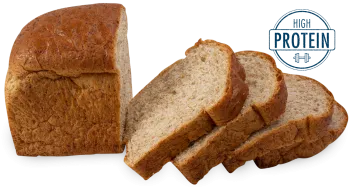 A loaf of bread and three slices with a symbol of a dumbbell and the words high protein
