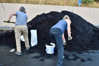 people digging into a large compost pile