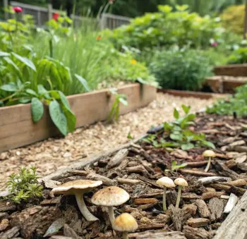small brown mushrooms growing in a garden bed