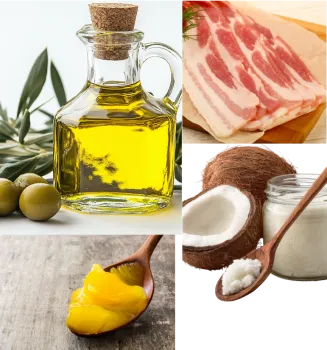 A collage of olive oil, ghee on a spoon, bacon with lots of fat, and a coconut with coconut oil on the spoon