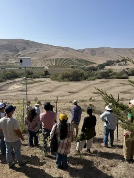 Group of tour participants gathered on a hill on a farm overlooking a series of swales for water diversion