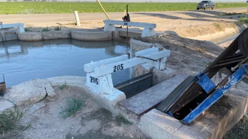 Water pump and small pool of water next to a crop field