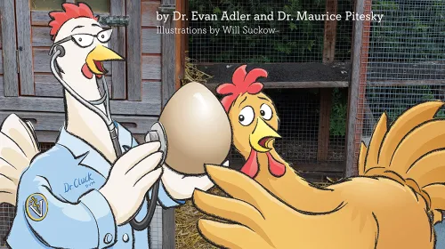 Two cartoon chickens. One listens through a stethoscope held against an egg as the other presses her ear against the other side of the egg