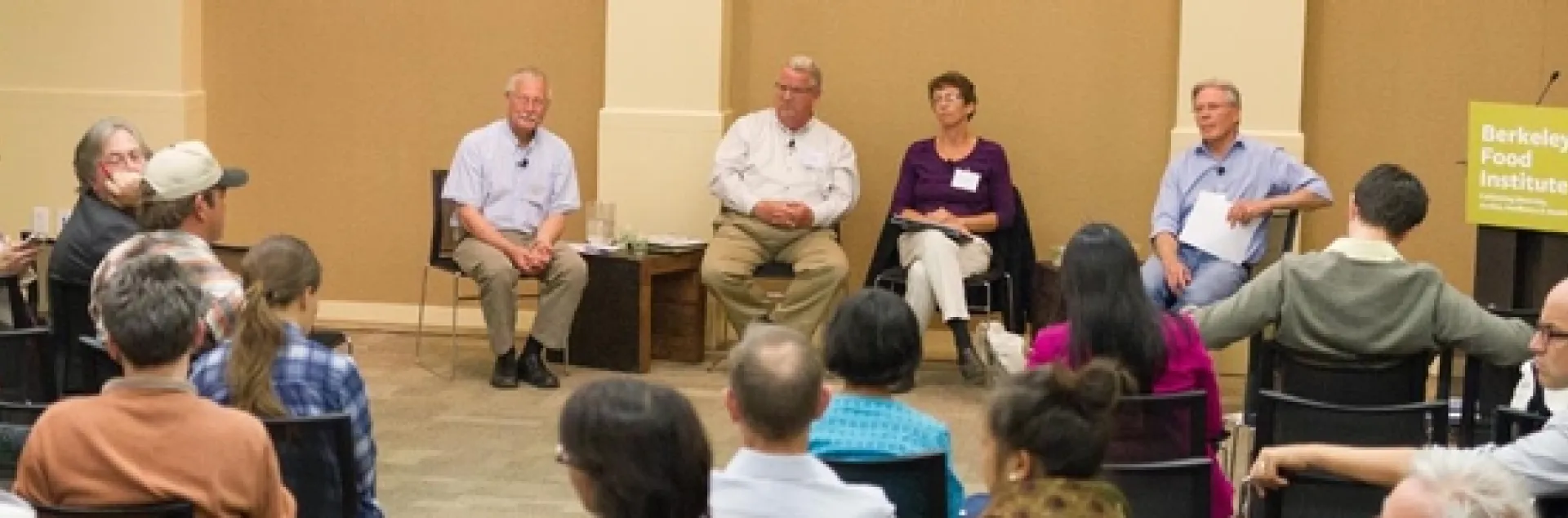 Jeff Mitchell, John Diener and Renata Brillinger head panel discussion of farming practices related to drought. Photo by Jonathan Fong.