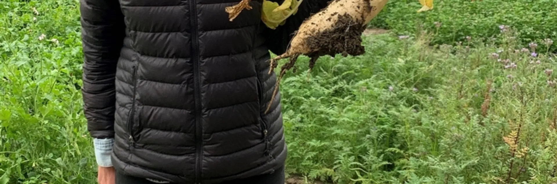 Alli Fish holding a radish.