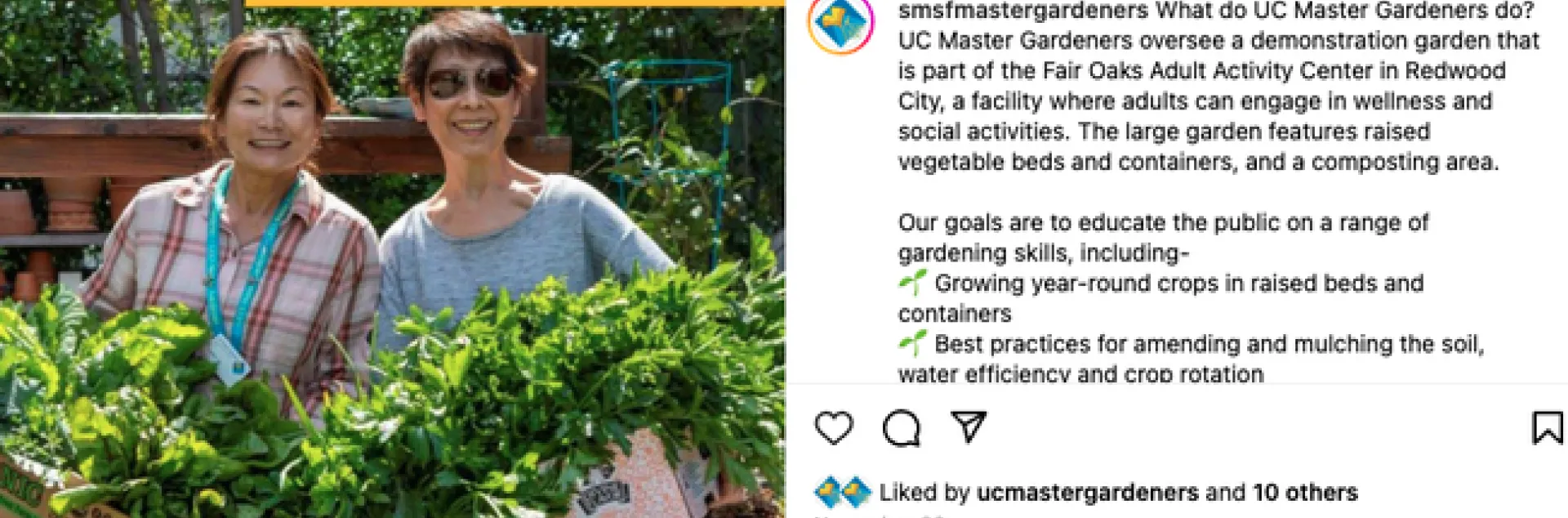 Two women pose with plants. "What do UC Master Gardeners do? Fair Oaks Active Adult Education Garden, Redwood City."