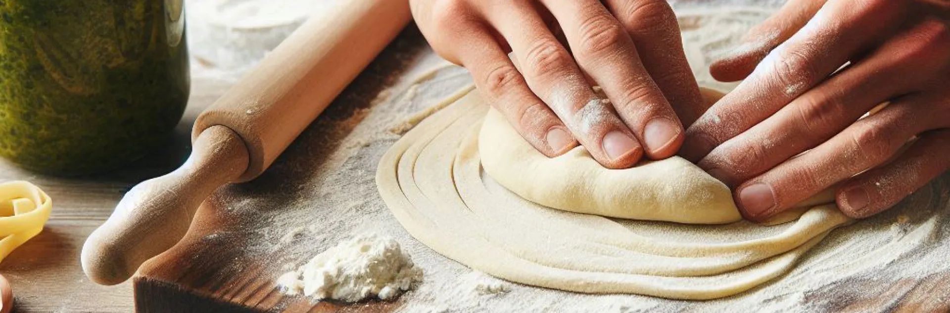Hands making pasta dough with jar of peston on the side