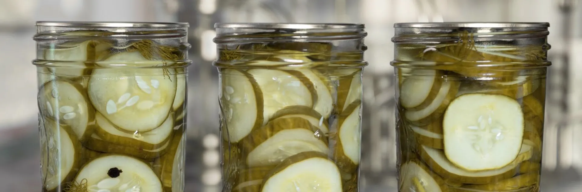 Close up of three jars of pickles sitting on a table with a UCANR logo on top. 