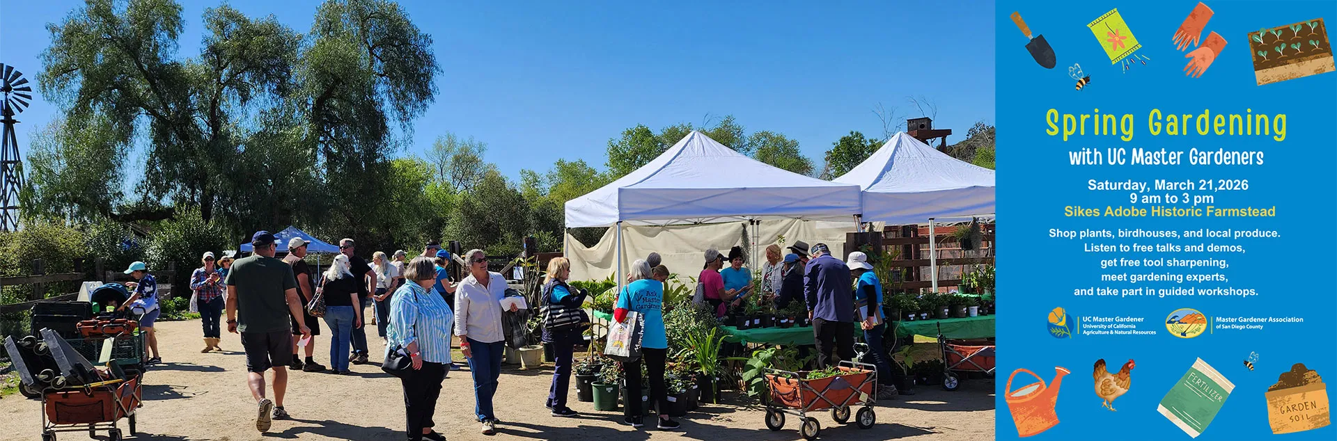 People in distance walking around booths with plants at an outdoor event with trees, blue sky, and a flier alongside with event information