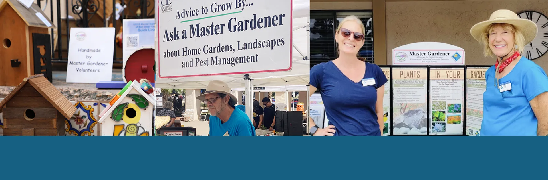 Compilation of birdhouses, master gardeners smiling and helping people