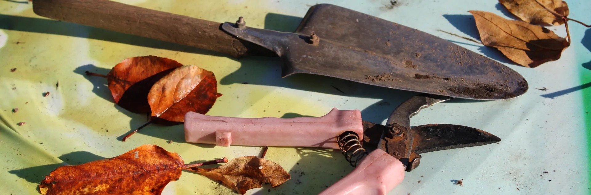 brown hand trowel and red handled garden clippers with leaves