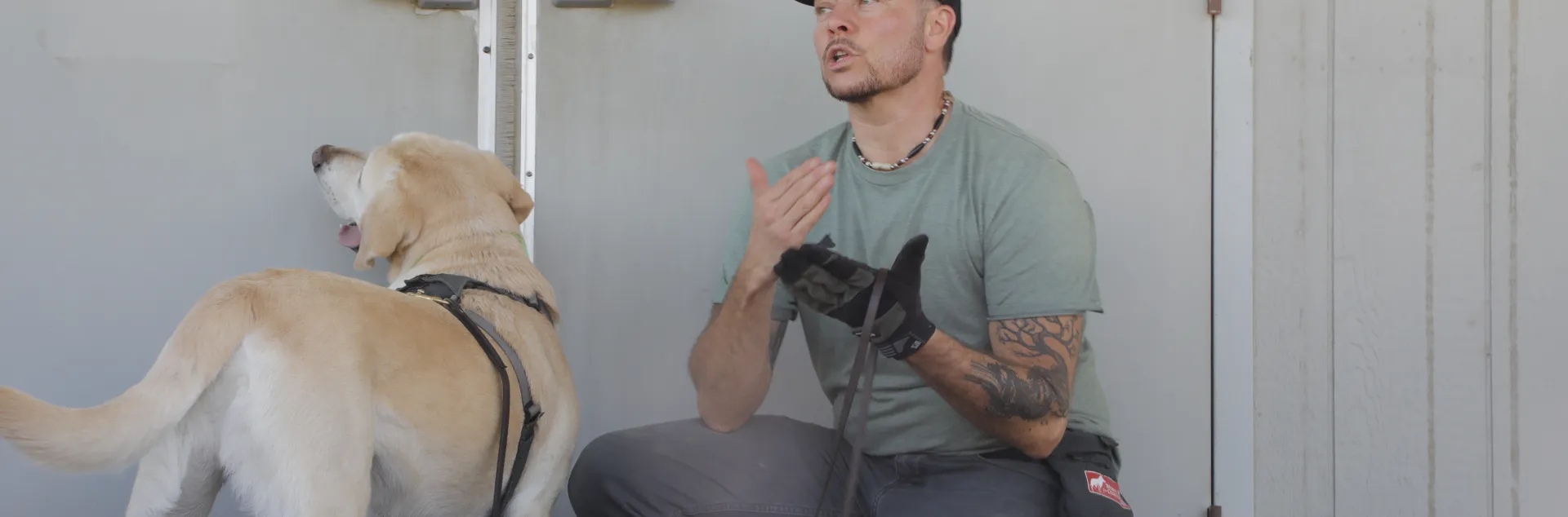 A man and a labrador beside a wall. 