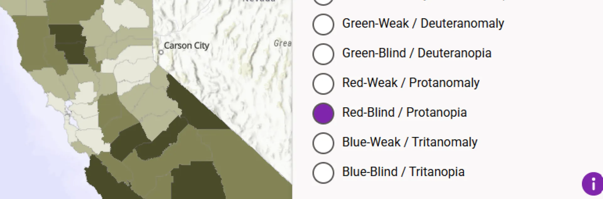 Color Blindly Simulator being used on a California county map