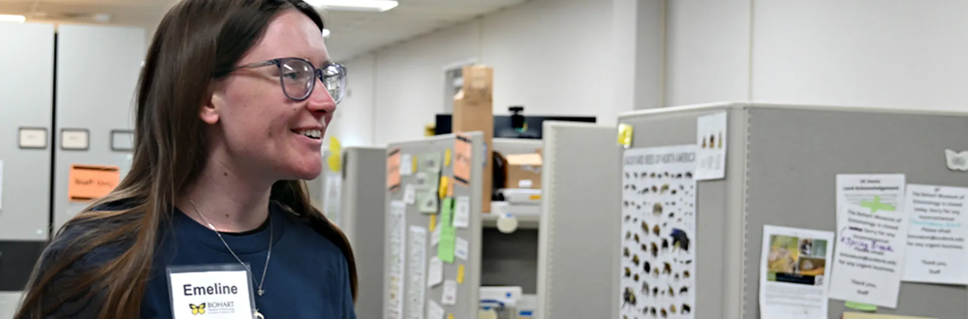 Emeline Huffaker greets guests at the Bohart Museum of Entomology.