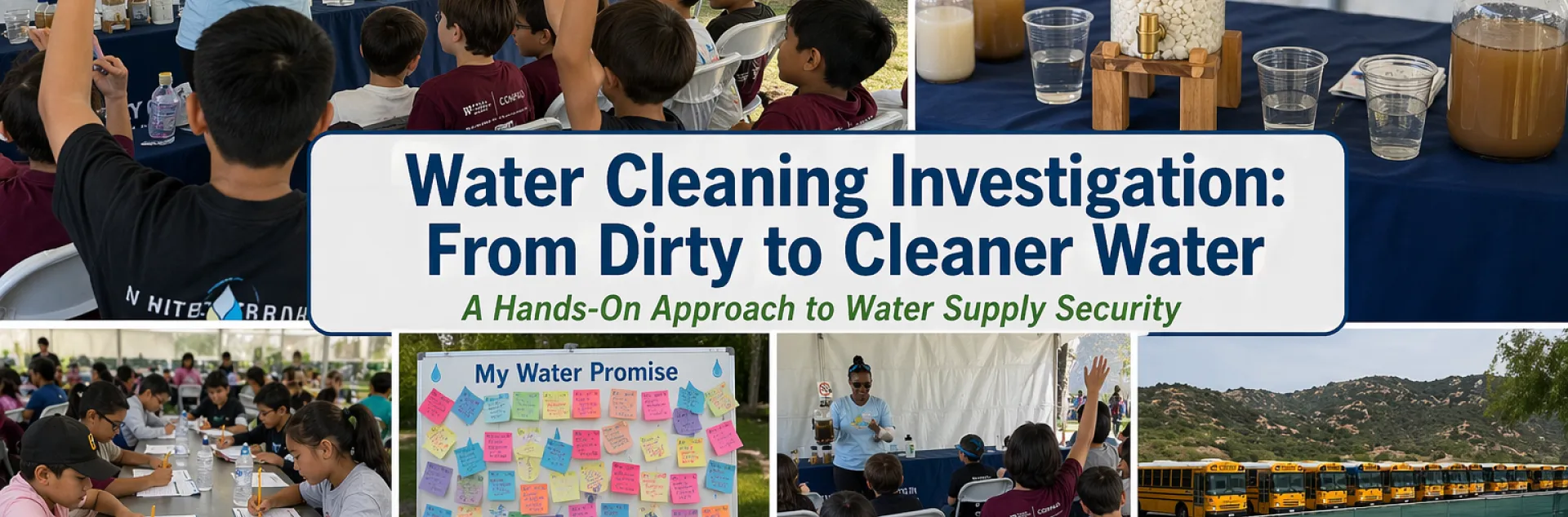 Collage of an outdoor water education activity at the OC Children’s Water Festival. A presenter demonstrates a water filtration system to students seated under a tent, while children raise their hands, complete worksheets, and create a “My Water Promise” board. Close-up images show a layered filtration column and jars of water at different treatment stages. School buses and the outdoor setting are visible. Center text reads “Water Cleaning Investigation: From Dirty to Cleaner Water” with a subtitle about ha