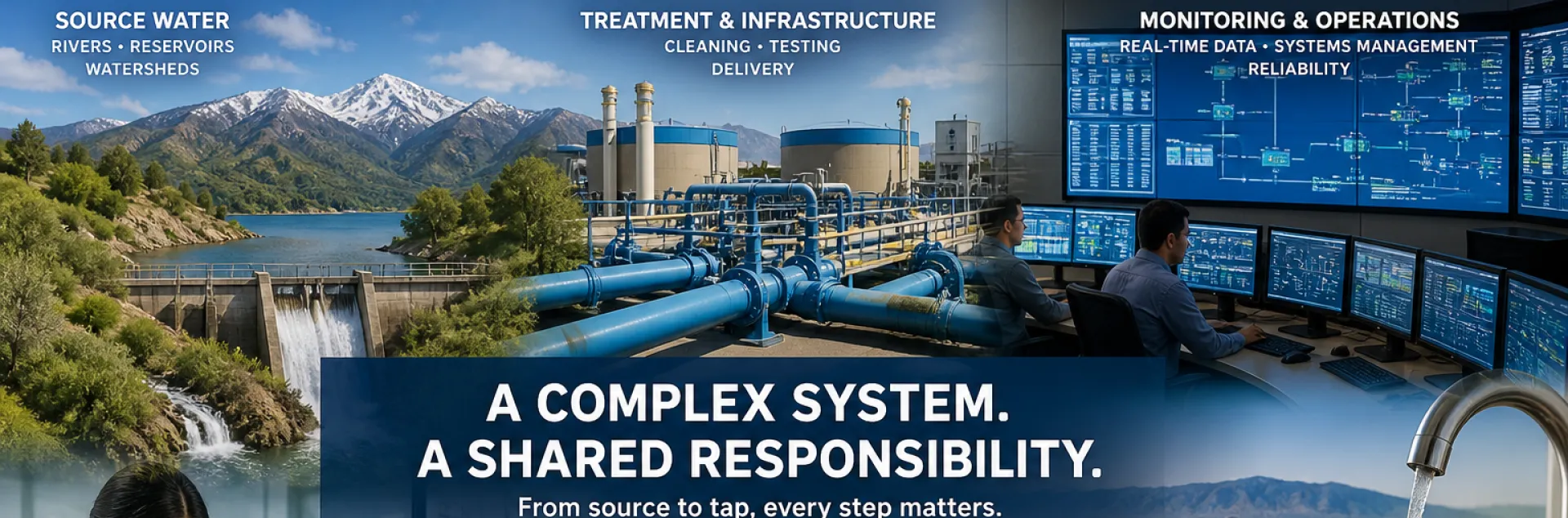 A composite image showing a mountain watershed and dam, water treatment infrastructure with large pipes, and a control room with monitoring screens, illustrating the journey of water from source through treatment to system operations.