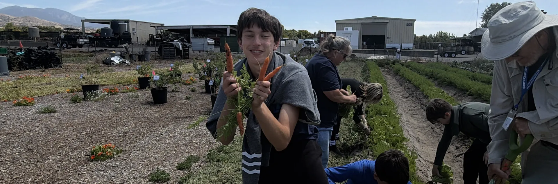 Un niño muestra un racimo de zanahorias a la cámara.