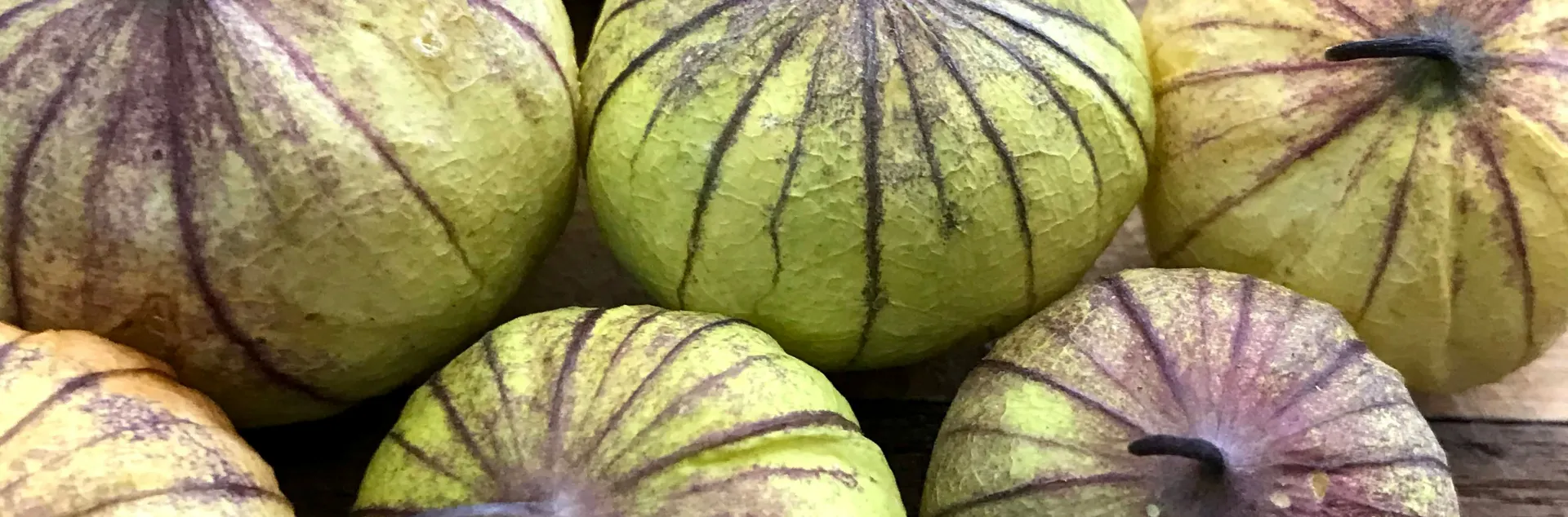 a pile of tomatillo fruit with green and purple variegated skin on