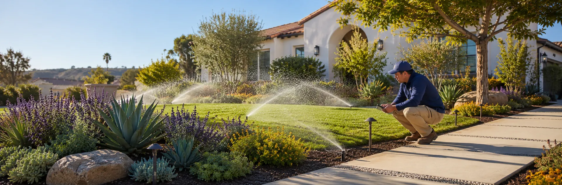 A landscape manager checks an irrigation controller as sprinklers water a Southern California front yard with lawn, trees, flowering plants, and drought-tolerant landscaping.