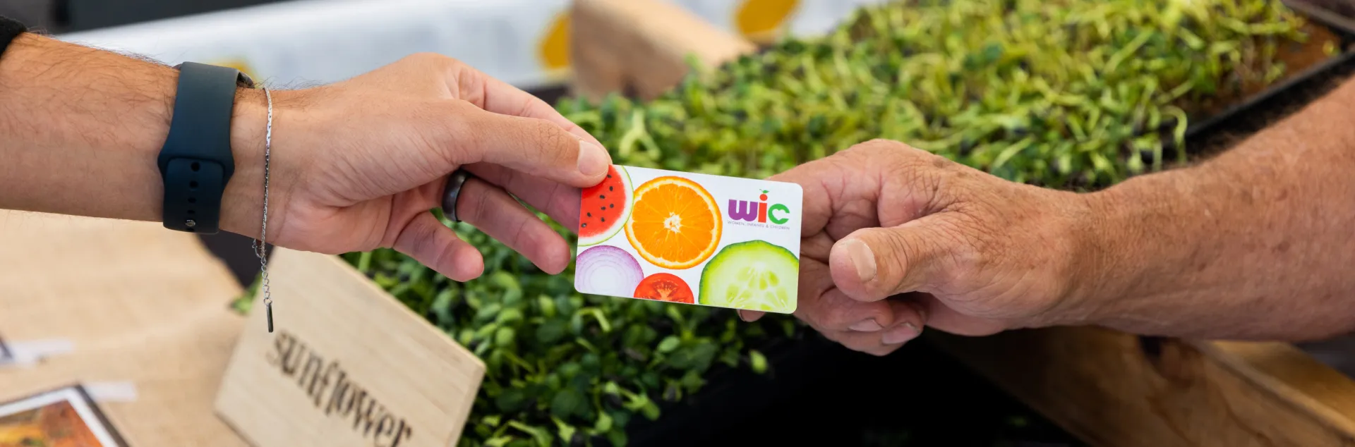 A WIC card being handed between 2 individuals at a farmers market.