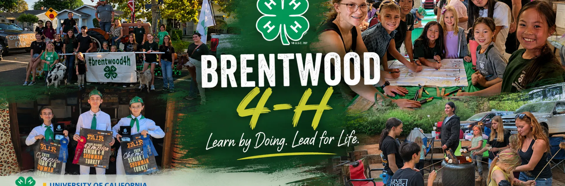 Brentwood 4-H promotional banner featuring youth participating in community service, leadership activities, livestock competitions, club meetings, and outdoor camp experiences. The banner displays the text "Brentwood 4-H" with the slogan "Learn by Doing. Lead for Life." and includes University of California Agriculture and Natural Resources and 4-H Youth Development Program branding.