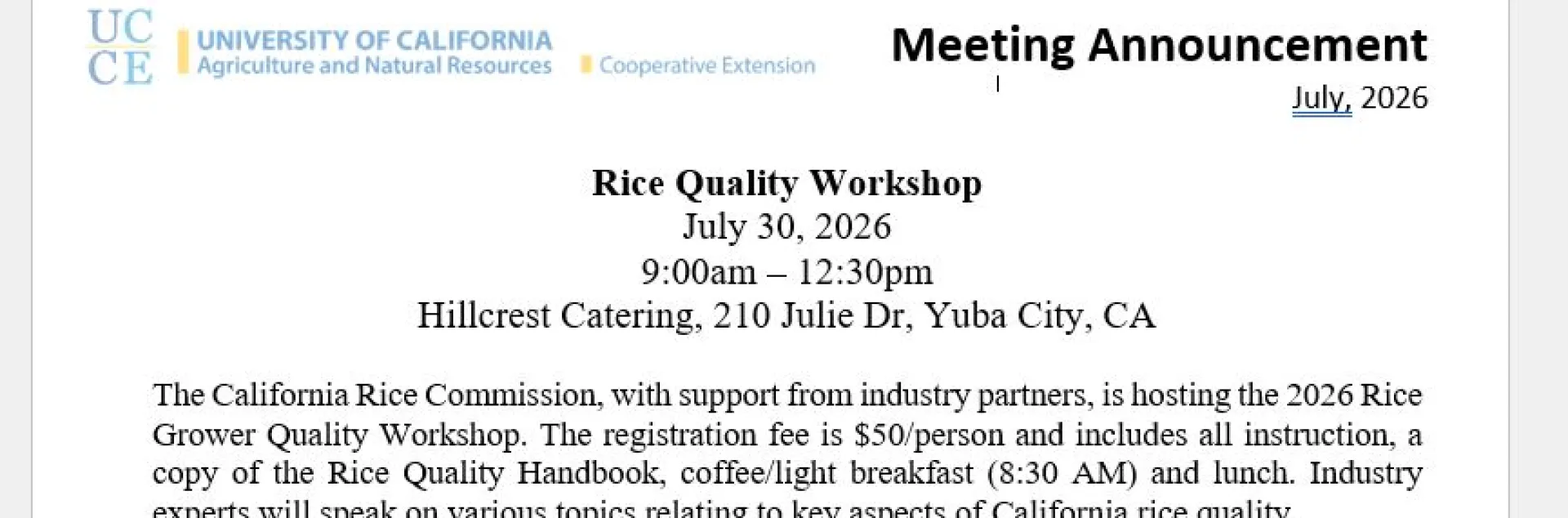A snip from the Rice Quality Workshop meeting announcement