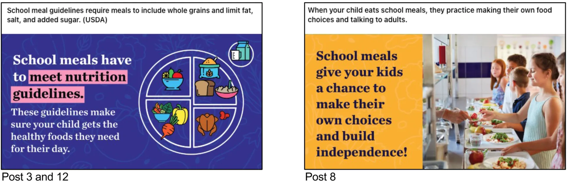 Facebook messages shown to parents in the school meal promotion group for the study.