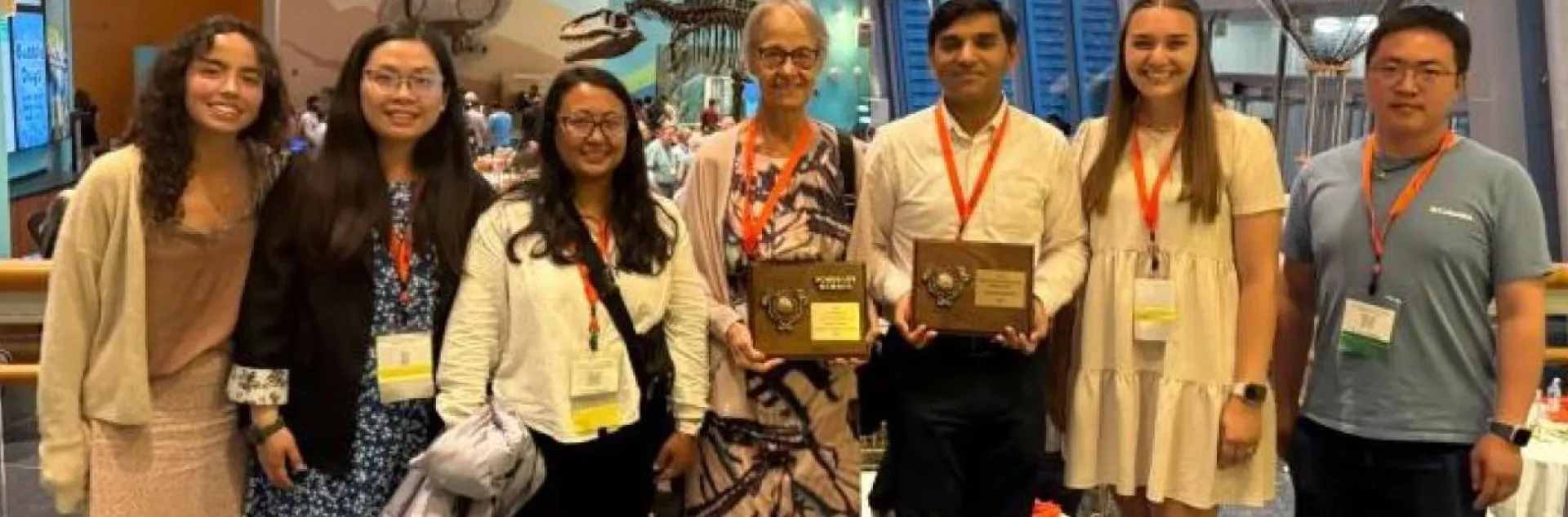 The Shahid Siddique lab swept the spotlight at the Society of Nematologists' meeting in Baltimore. From left are graduate student Alison Snyder; doctoral student Ching-Jung Li; Pallavi Shakya, who just received her doctorate; UC Davis Professor Emerita Valerie Williamson, recipient of the Honorary Member award; Professor Shahid Siddique, Excellence in Teaching Award; doctoral candidate Alison Blundell, and postdoctoral researcher Dadong Dai.