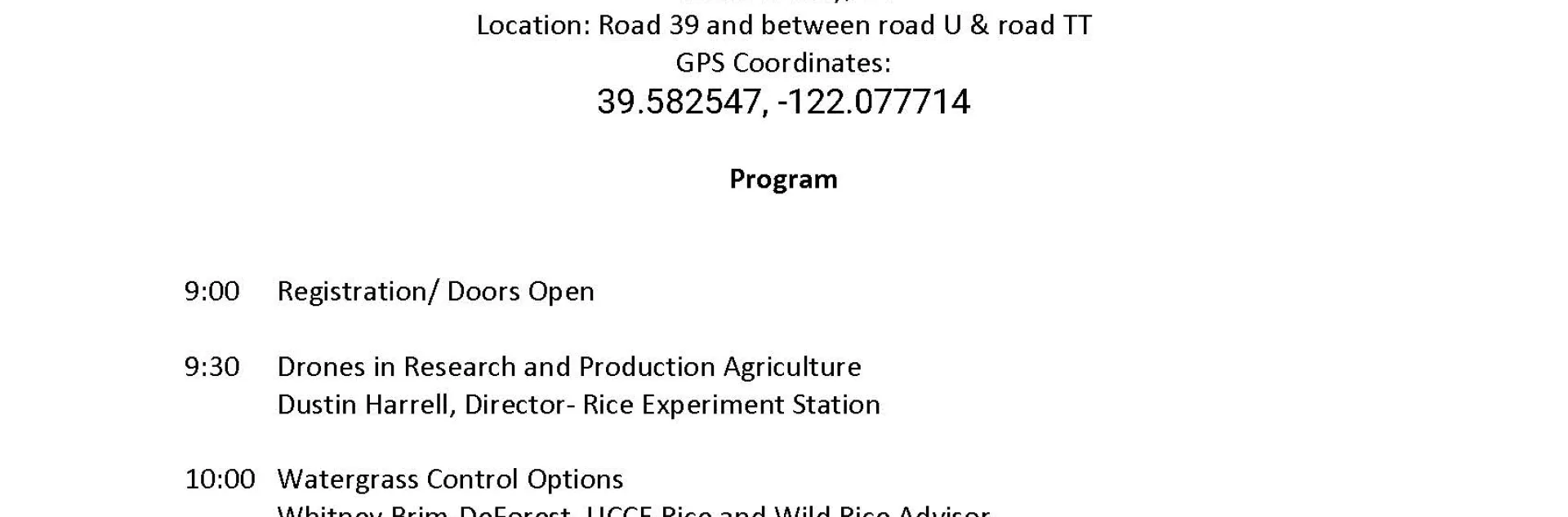Watergrass Field Day agenda and meeting details for upcoming meeting August 19th. 