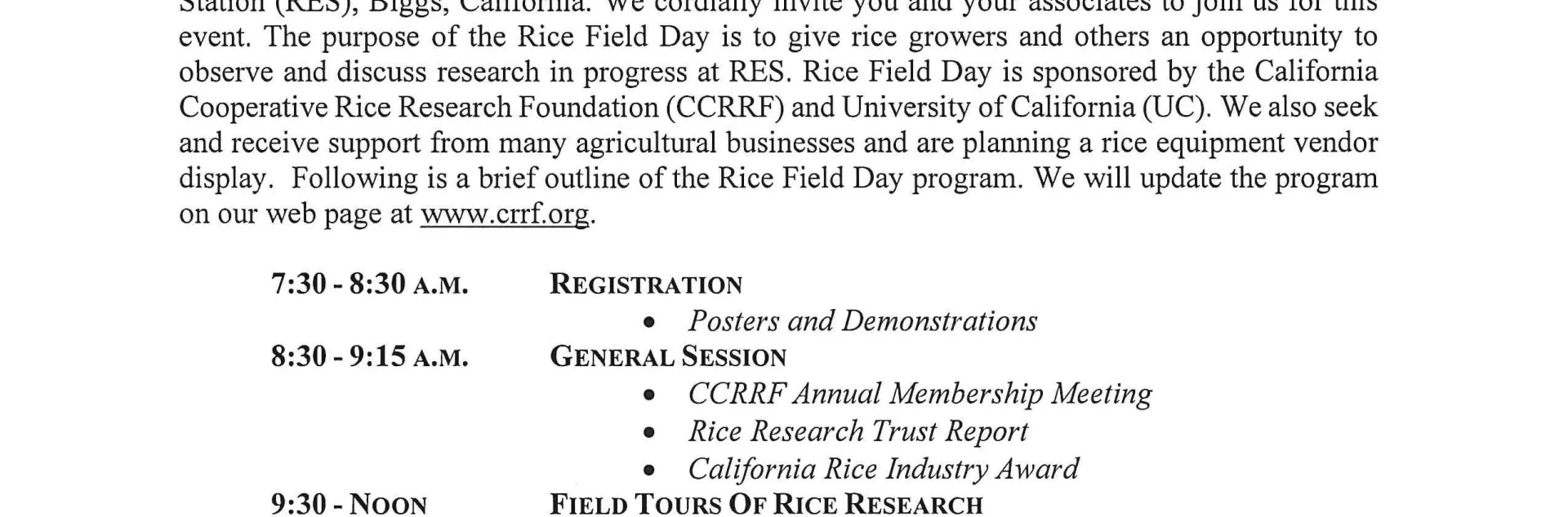 Flyer promoting the Annual California Rice Field Day on August 26, 2026, at the Rice Experiment Station in Biggs, featuring research field tours, demonstrations, and lunch.