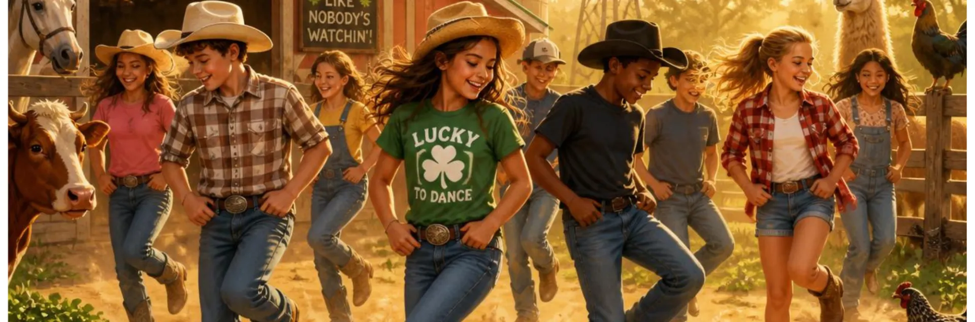 kids line dancing on dirt with farm animals watching
