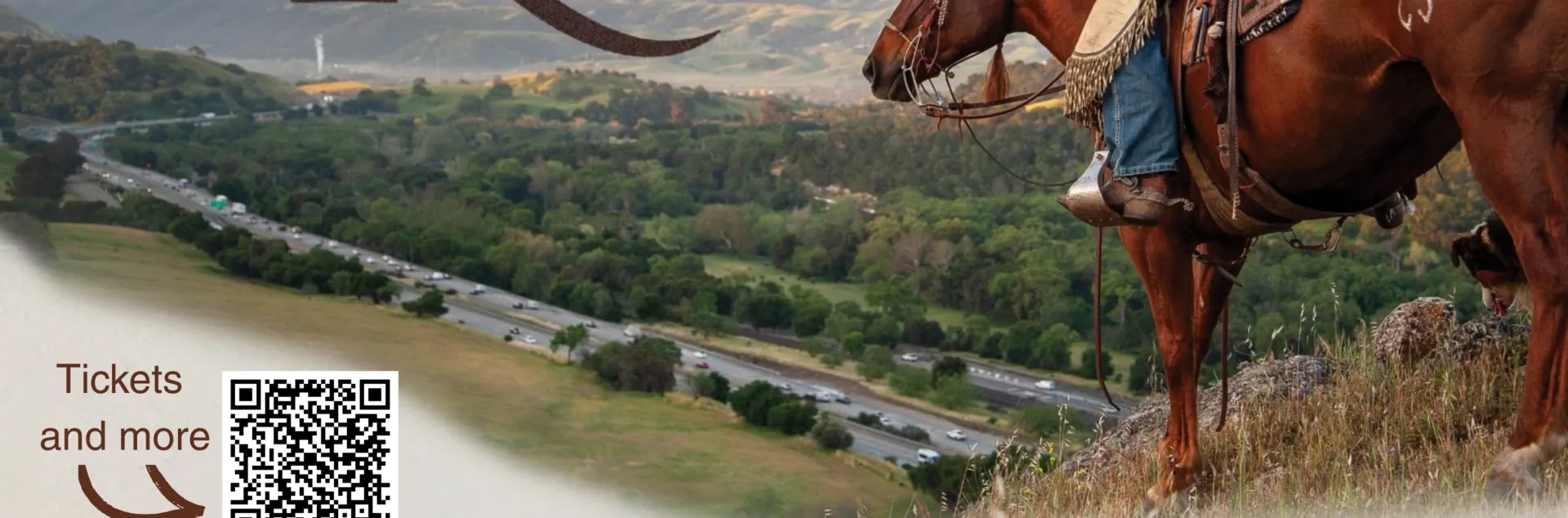 Person on a horse overlooking rangelands and a freeway below. Flyer for a movie that will be shown at the State Theater in Modesto, November 5, 2026.