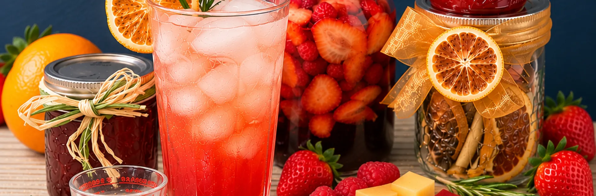 Tabletop display of dried fruits, appetizers, shrubs and a beverage